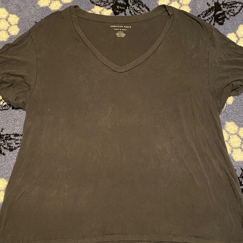 American Eagle Outfitters Women's Charcoal V-Neck Tee